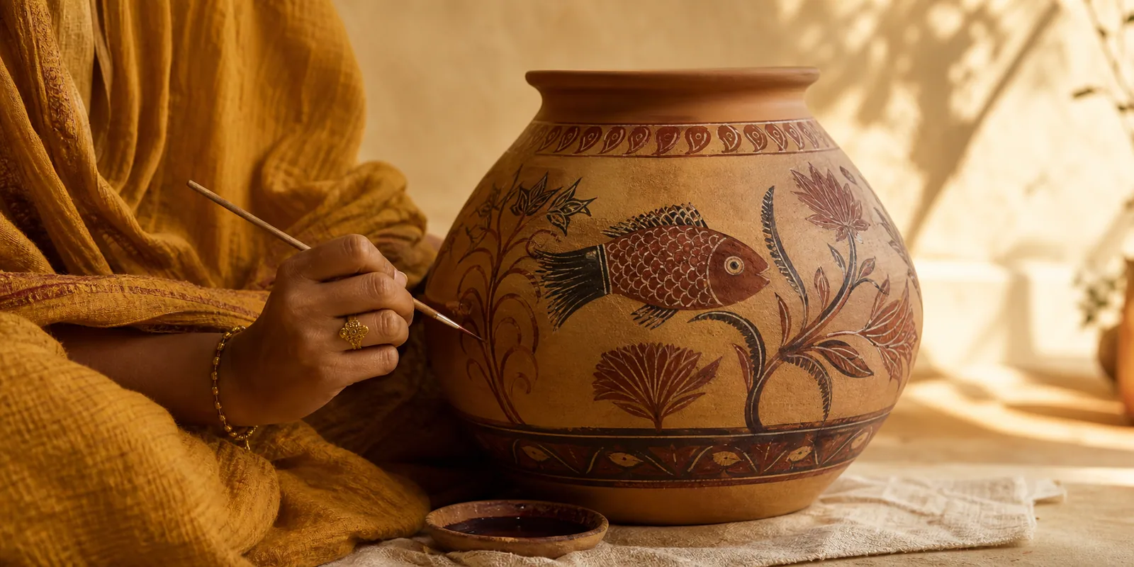 An Indian artisan's hands shaping a handcrafted piece